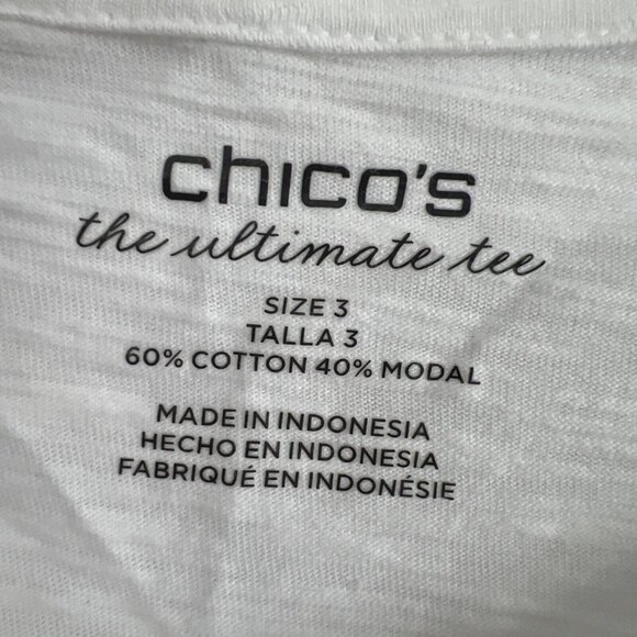 Chicos Womens Ultimate Tee XL Bright White 3/4 Tab Sleeve Silver Buttons Slub - Picture 3 of 8